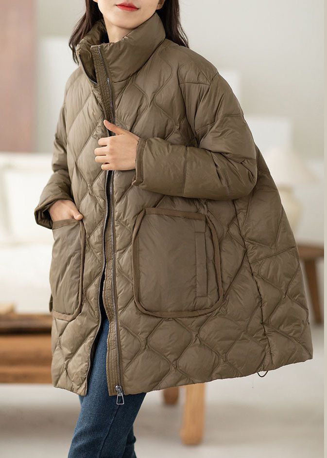 Lune London | Chocolate high collar winter coats with zipper, pockets, down duck