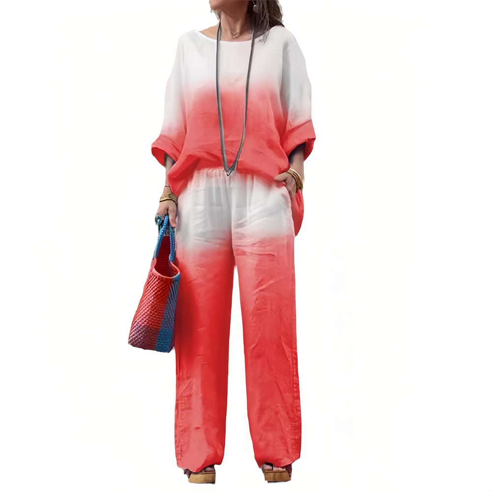 Lune London | T-Shirt + Pants Made of Cotton and Linen with Gradient and Round Neckline for Women