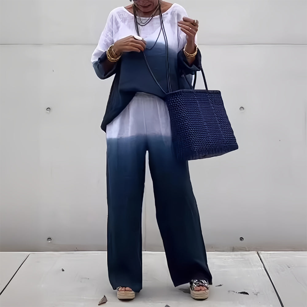 Lune London | T-Shirt + Pants Made of Cotton and Linen with Gradient and Round Neckline for Women
