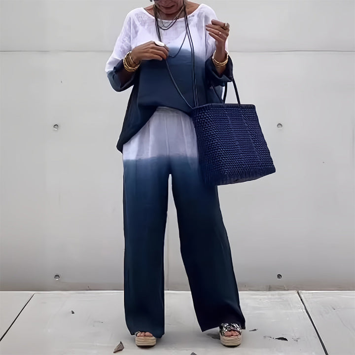 Lune London | T-Shirt + Pants Made of Cotton and Linen with Gradient and Round Neckline for Women