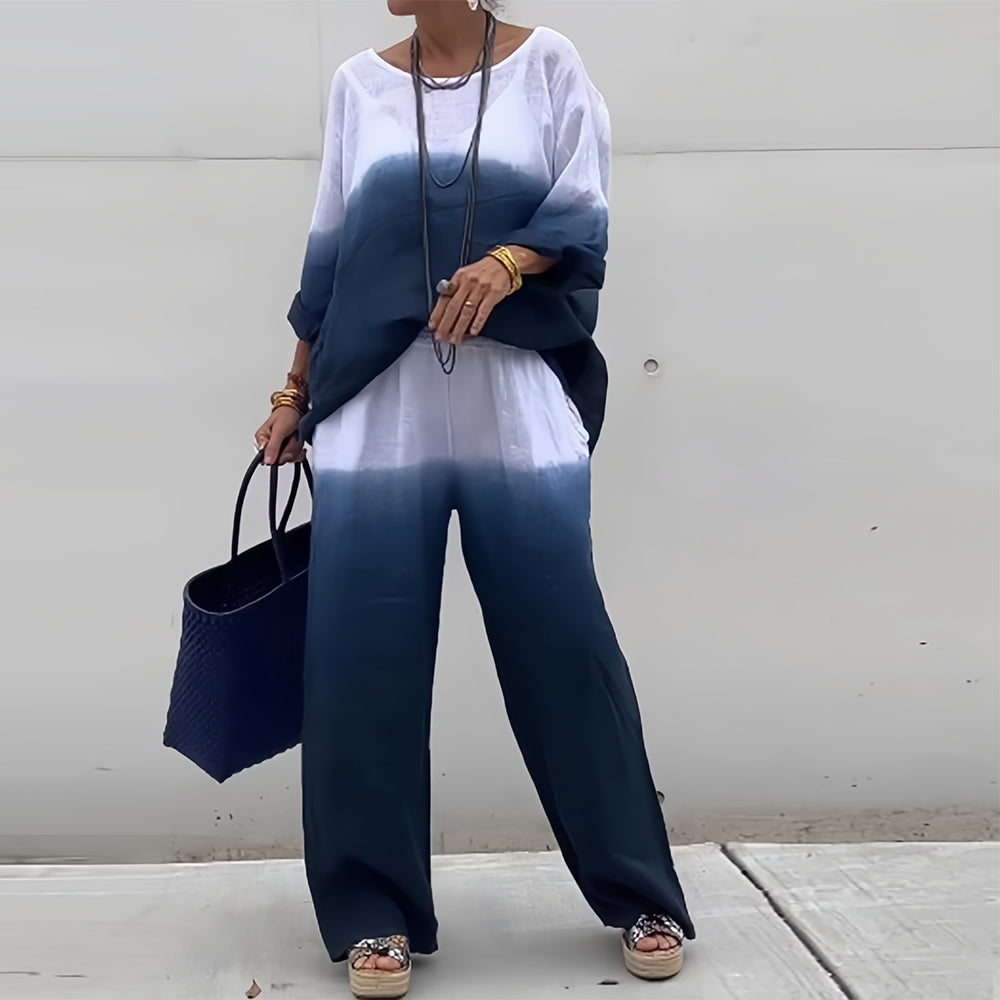 Lune London | T-Shirt + Pants Made of Cotton and Linen with Gradient and Round Neckline for Women
