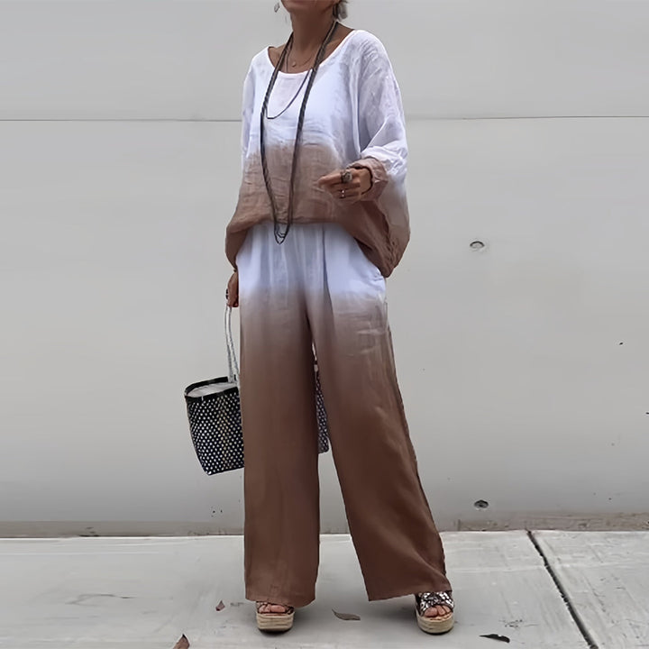 Lune London | T-Shirt + Pants Made of Cotton and Linen with Gradient and Round Neckline for Women