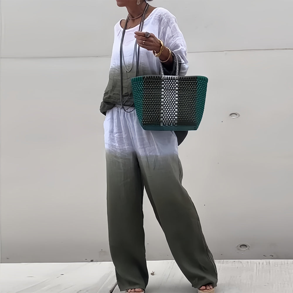 Lune London | T-Shirt + Pants Made of Cotton and Linen with Gradient and Round Neckline for Women