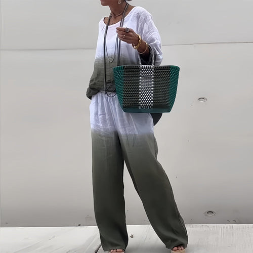 Amarae | T-Shirt + Pants Made of Cotton and Linen with Gradient and Round Neckline for Women