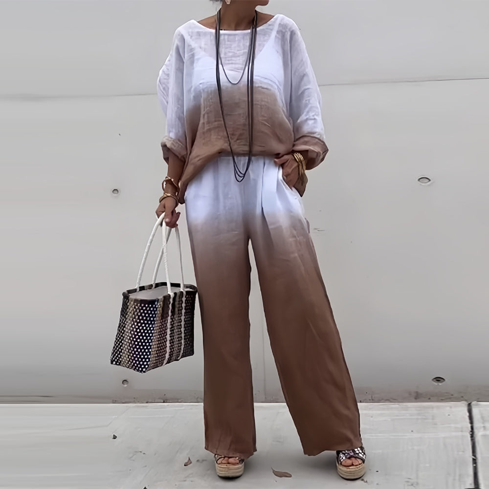 Lune London | T-Shirt + Pants Made of Cotton and Linen with Gradient and Round Neckline for Women