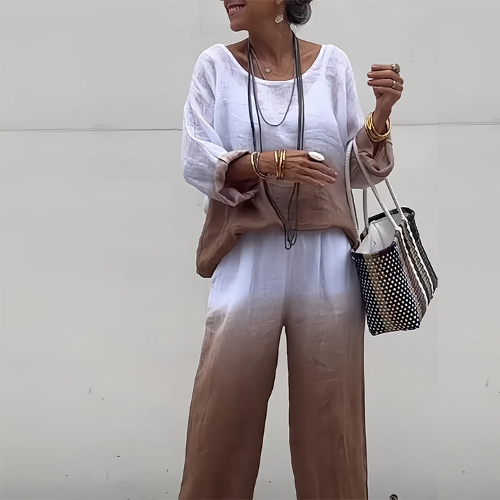 Lune London | T-Shirt + Pants Made of Cotton and Linen with Gradient and Round Neckline for Women