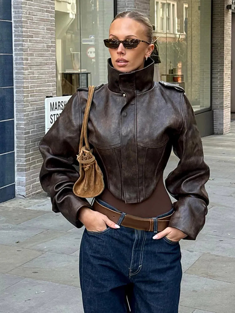 Lune London | Faux leather jacket - Cropped biker jacket with balloon sleeves and sleek design