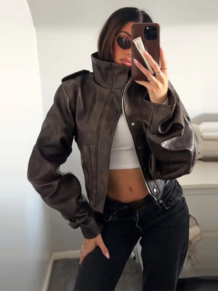 Lune London | Faux leather jacket - Cropped biker jacket with balloon sleeves and sleek design