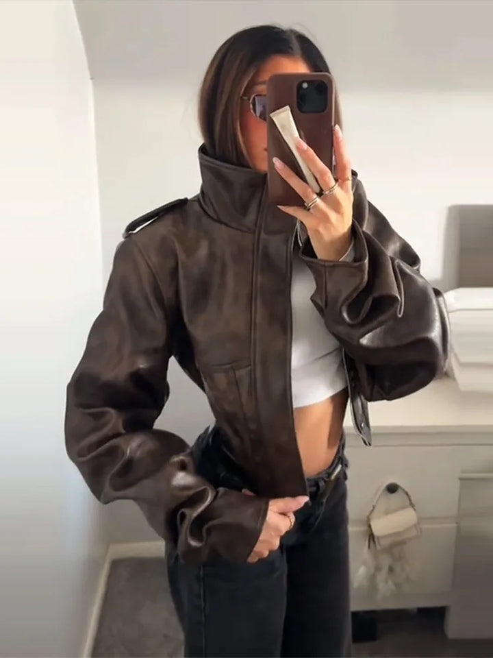 Lune London | Faux leather jacket - Cropped biker jacket with balloon sleeves and sleek design
