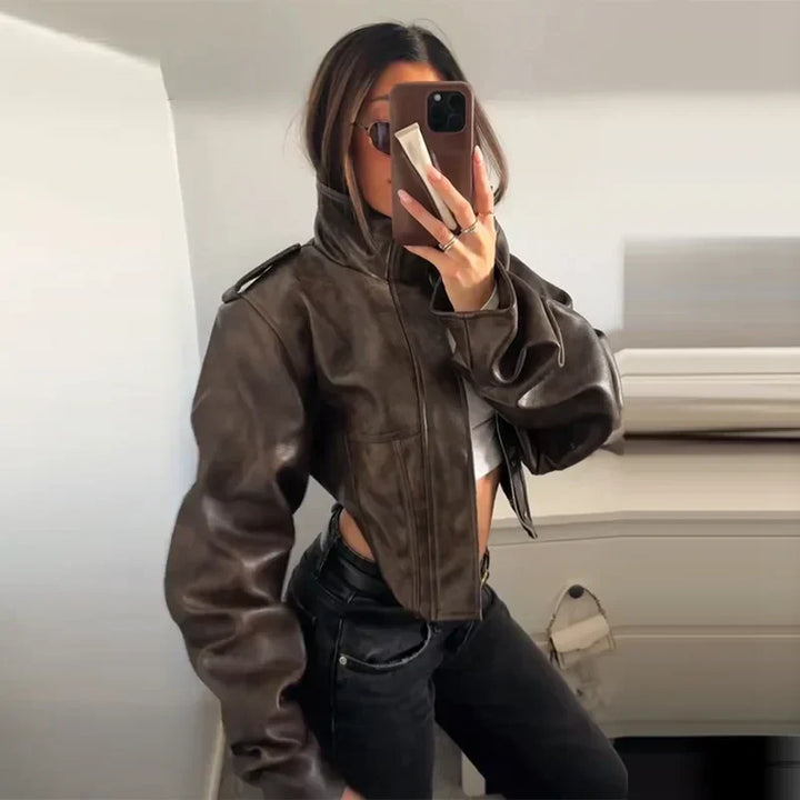 Lune London | Faux leather jacket - Cropped biker jacket with balloon sleeves and sleek design