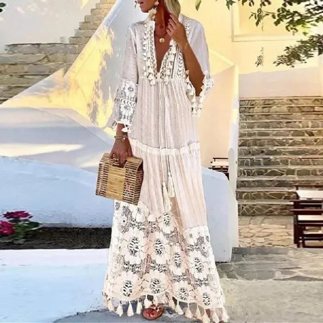 Lune London | Long bohemian dress with lace and tassels
