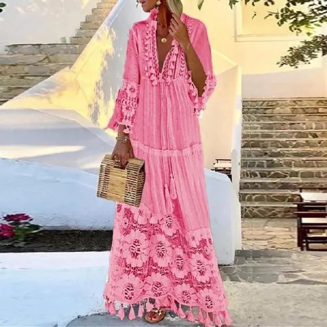 Lune London | Long bohemian dress with lace and tassels