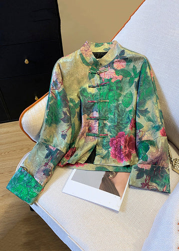 Amarae | Silk coat with green Chinese button print