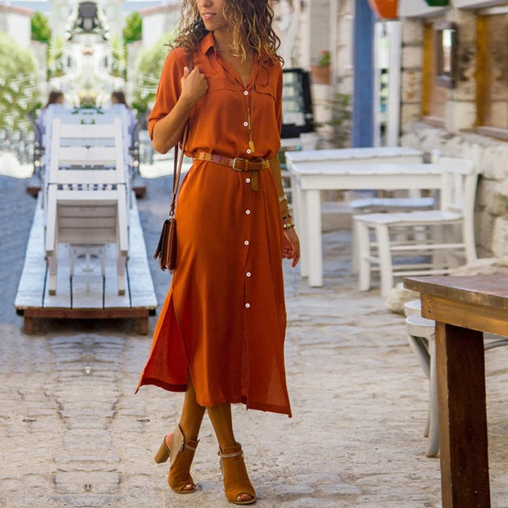 Lune London | Elegant Button-Down Shirt Dress for Women Long Sleeve Blouse Dress in Bohemian Style with Belt