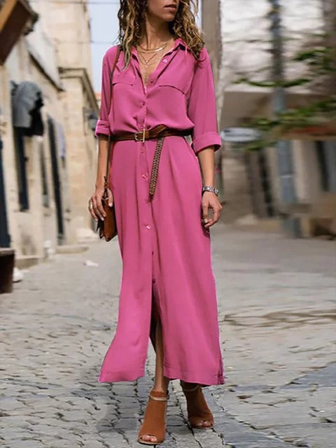 Lune London | Elegant Button-Down Shirt Dress for Women Long Sleeve Blouse Dress in Bohemian Style with Belt