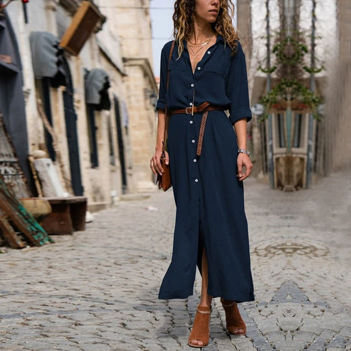 Lune London | Elegant Button-Down Shirt Dress for Women Long Sleeve Blouse Dress in Bohemian Style with Belt