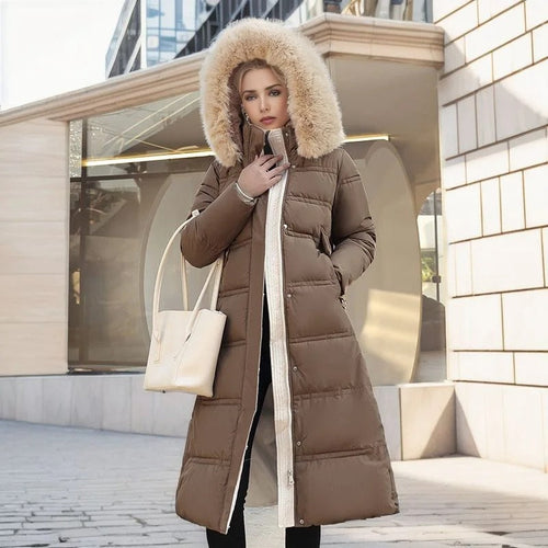 Amarae | Long Winter Jacket Puffer Design Faux Fur Hood Tailored Belt Warm and Insulating