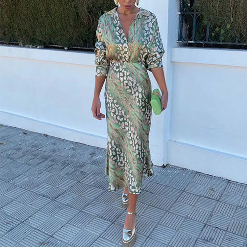 Amarae | Satin Printed Midi Dress with Long Sleeves for Women