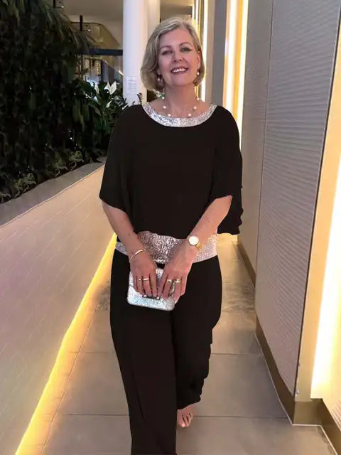 Lune London | Elegant evening set: Sparkling top and palazzo pants
