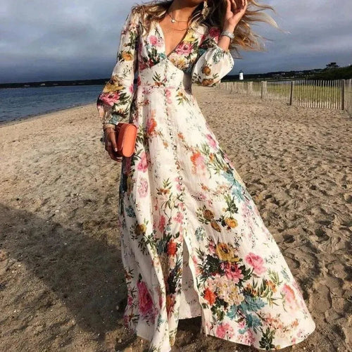 Amarae | Floral Long Sleeve V Neck Boho Sundress