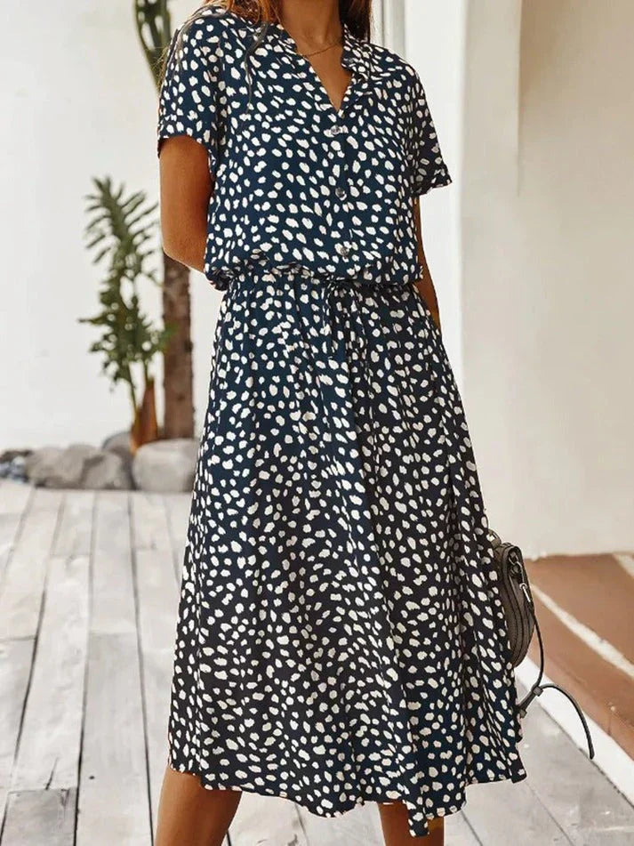 Lune London | Elegant Short Sleeve Shirt Dress with Polka Dots and Drawstring at the Waist