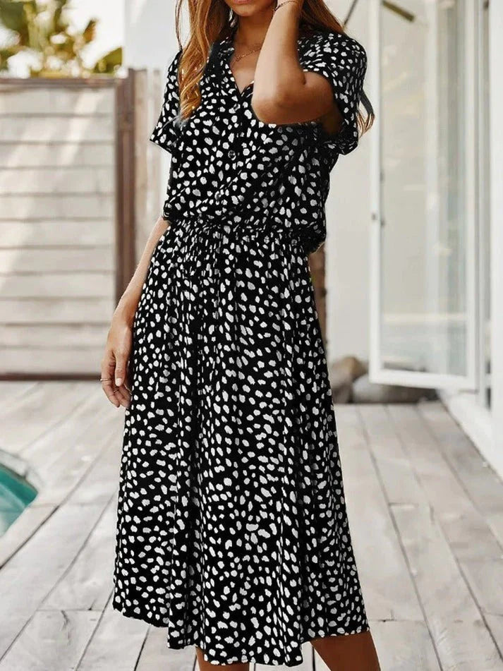 Lune London | Elegant Short Sleeve Shirt Dress with Polka Dots and Drawstring at the Waist