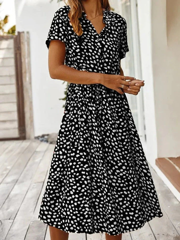 Lune London | Elegant Short Sleeve Shirt Dress with Polka Dots and Drawstring at the Waist