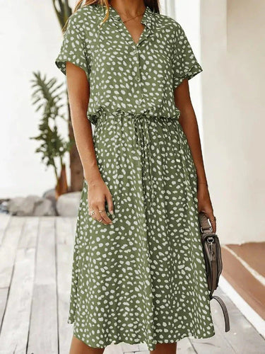 Amarae | Elegant Short Sleeve Shirt Dress with Polka Dots and Drawstring at the Waist