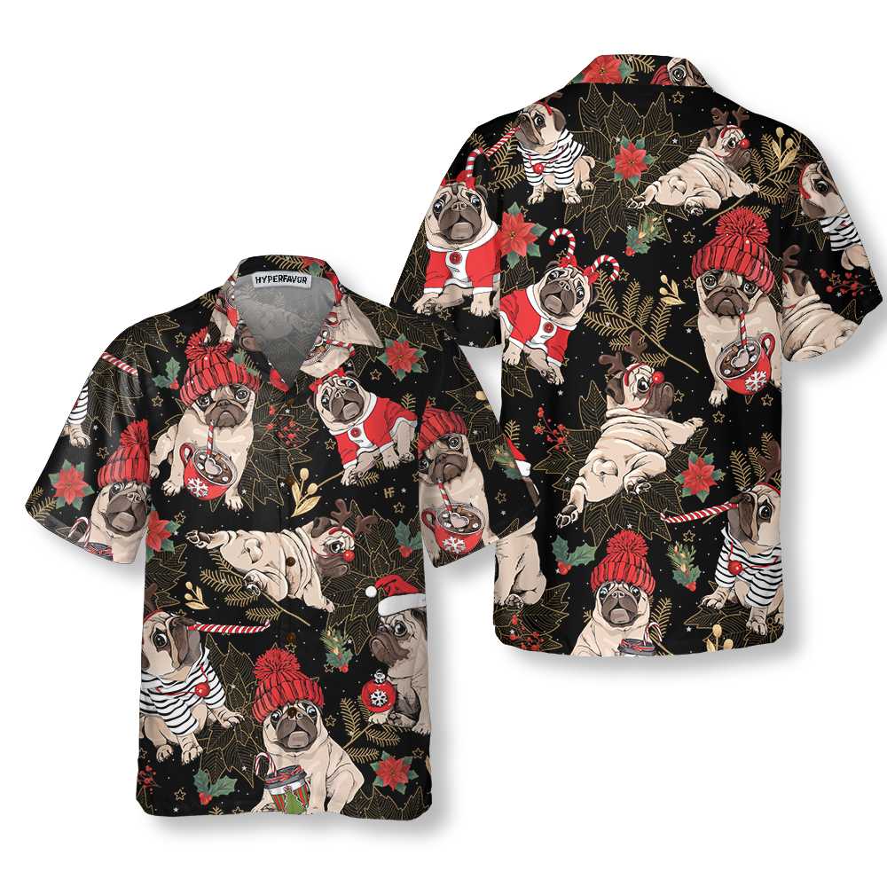 Lune London | Joyful Hawaiian shirt of Pug Party, fun Christmas Pug dog T-shirt for men