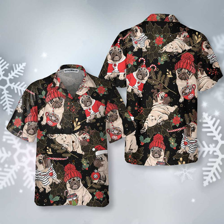 Lune London | Joyful Hawaiian shirt of Pug Party, fun Christmas Pug dog T-shirt for men