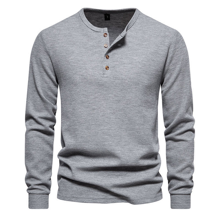 Men's Long Sleeve Henley Shirt with Textured Surface Pattern and Practical Button Details Amarae
