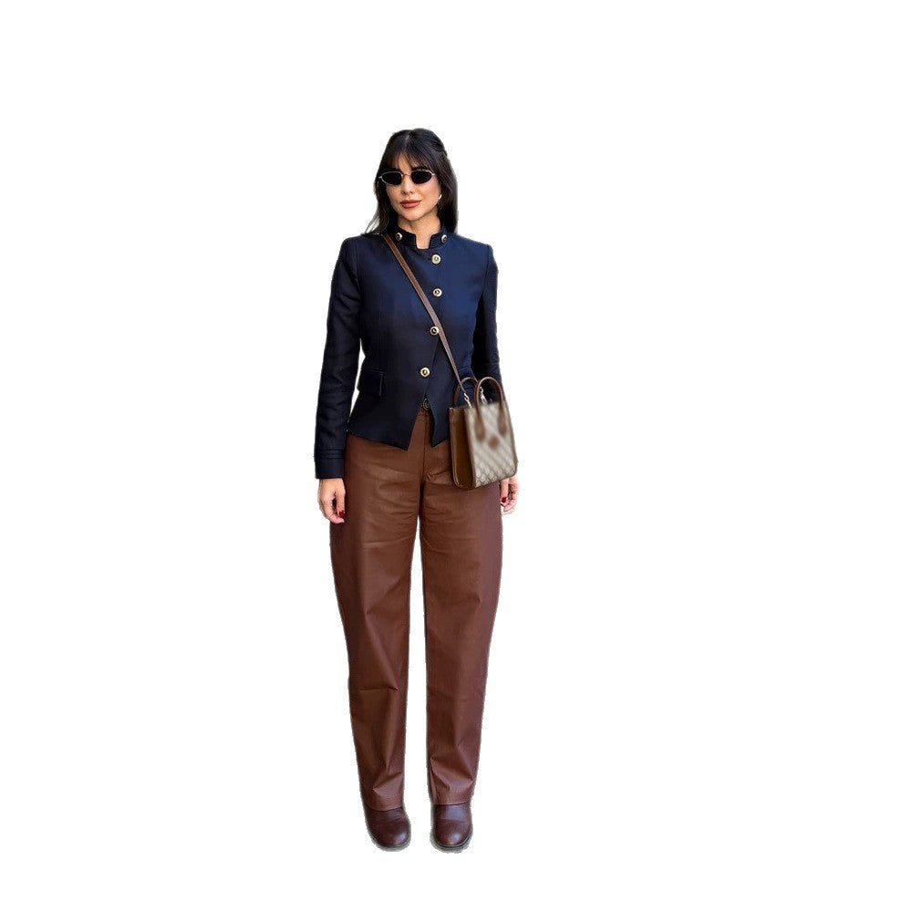 Women's Tailored Blazer with Stand-up Collar and Golden Decorative Buttons Amarae