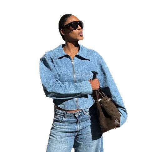 Women's short-cut denim jacket with zip and defined shoulder line Amarae