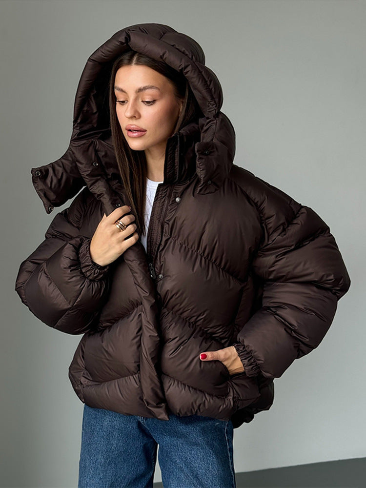 Ladies short puffer jacket with thermal filling, oversized hood & concealed two-way zipper Amarae
