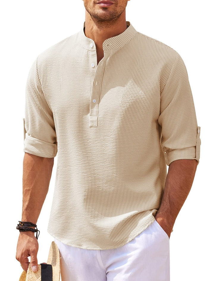 Men's Casual Long Sleeve Shirt with Stand-Up Collar and Ribbed Texture Lune London
