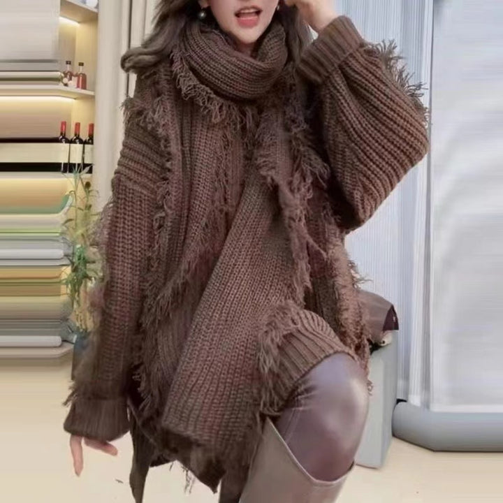 Pull en tricot surdimensionné femme avec franges et décolleté en V Chic & Stil