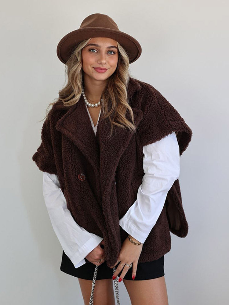 Women's Short Teddy Cape with Shawl Collar and Concealed Button Placket Amarae