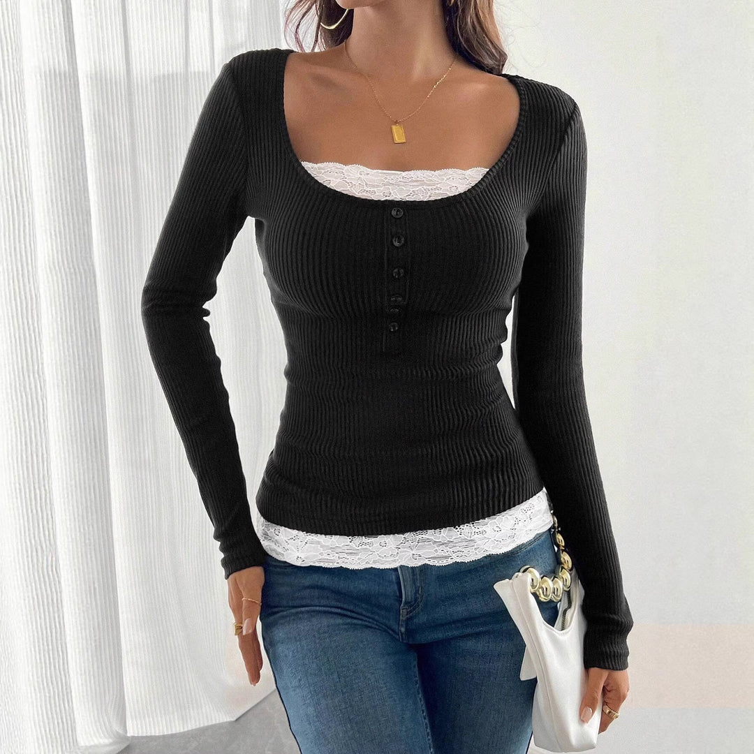 Women’s ribbed top with deep scoop neckline, decorative button placket and lace insert Amarae