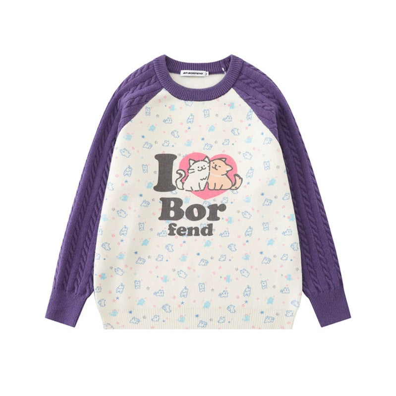 Women's knitted sweater with raglan sleeves, cable pattern sleeves and cartoon cat front print Amarae