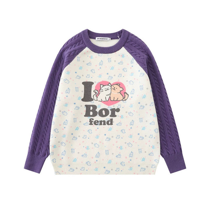 Women's knitted sweater with raglan sleeves, cable pattern sleeves and cartoon cat front print Amarae