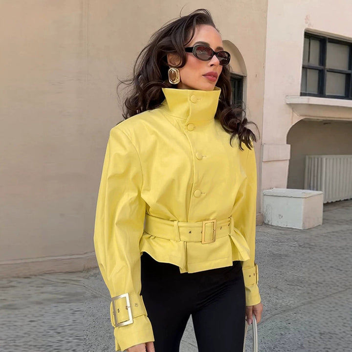 Women's short jacket with waist belt, high stand-up collar, and decorative cuffs Amarae