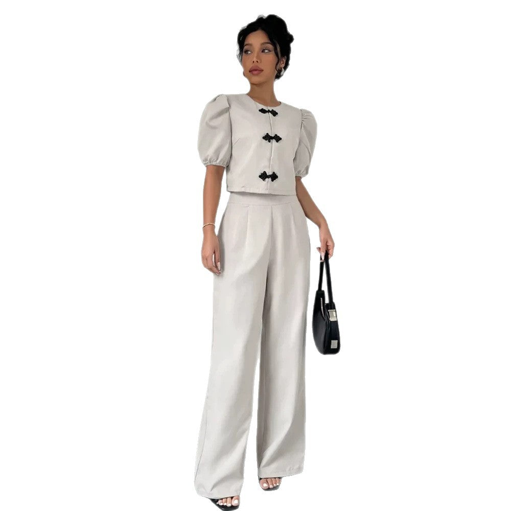 Women Two-Piece Tailoring Set with Short Jacket, Puff Sleeves and High-Cut Wide Pants Amarae