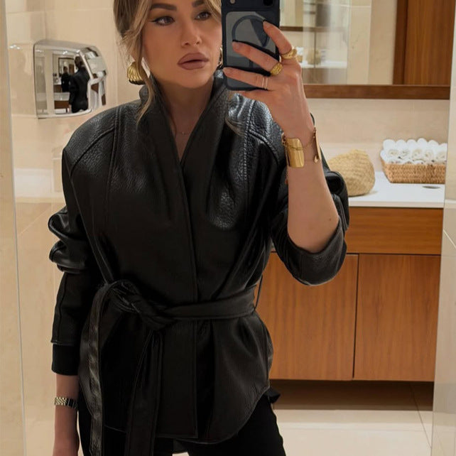 Women's Tailored Leather Jacket with Wrap Belt and Kimono Collar Amarae