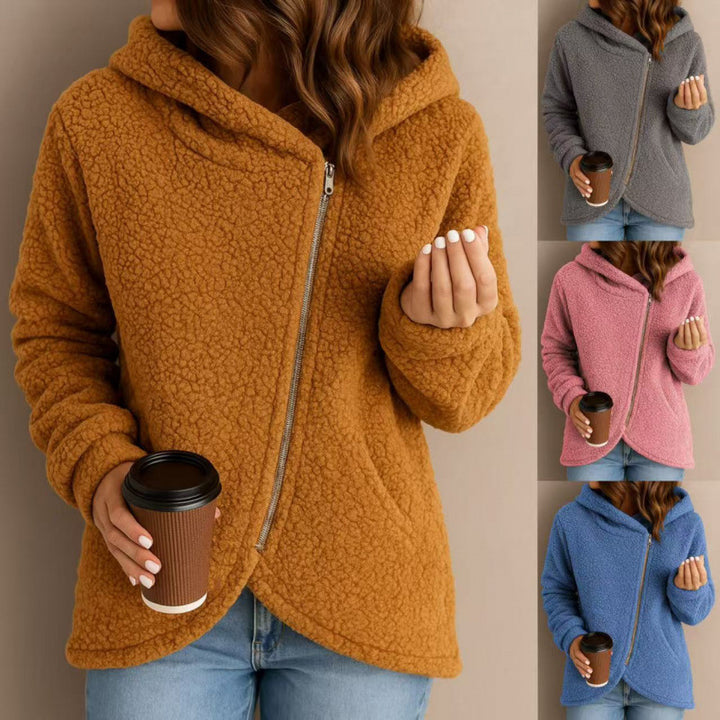 Women's teddy fleece jacket with asymmetrical zipper, hood and curved hem Amarae