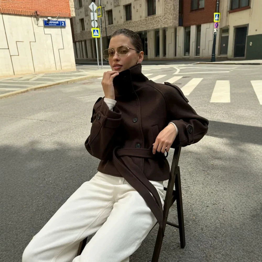 Ladies short cut wool blend jacket with high stand-up collar and waist belt Amarae
