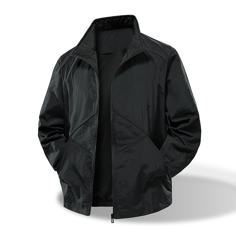 Men's Lightweight Windbreaker Outdoor Jacket with Stand Collar, Two-way Zipper and Concealed Pockets Amarae