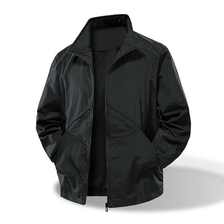 Men's Lightweight Windbreaker Outdoor Jacket with Stand Collar, Two-way Zipper and Concealed Pockets Amarae