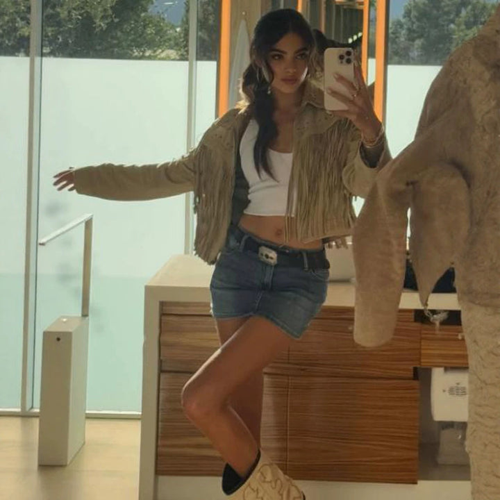 Women's Short Fringe Suede Jacket in Western Style with Decorative Stitches and Studs Amarae