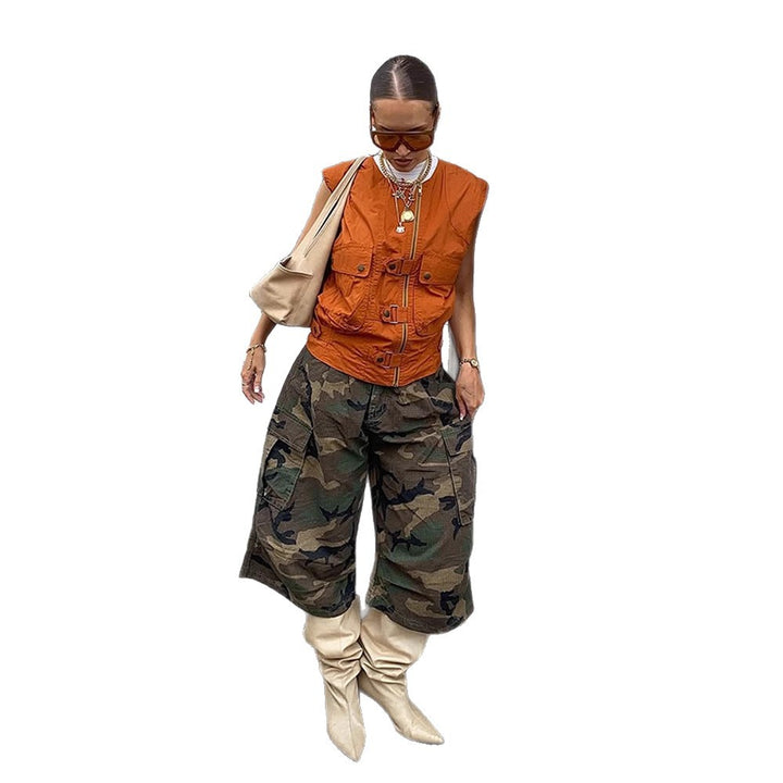 Women's Sleeveless Utility Vest with Zipper, Front Pockets and Buckles Amarae