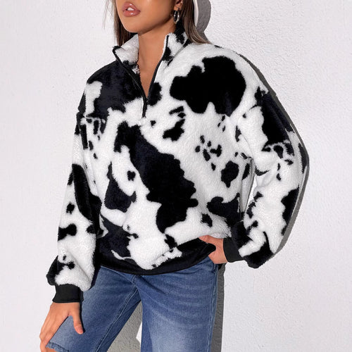 Ladies polar fleece sweater with mid-high collar and rustic cow pattern Amarae